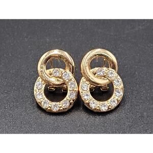 Earrings Gold Tone Rhinestone Double Loop Post Clip On Lightweight Bridal